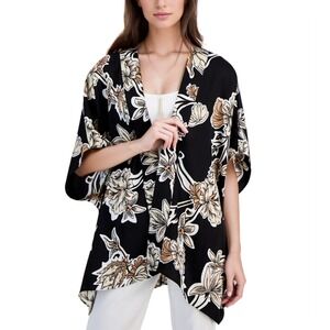 JM Collection Floral Kimono Wrap Cardigan Womens XL Black Open Front Coverup NWT